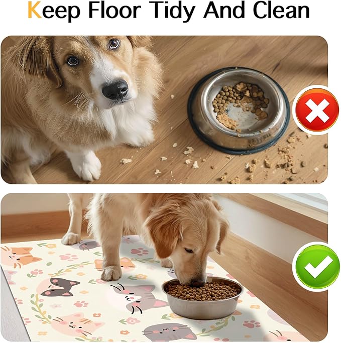 Cat Feeding Mat 24x16 inch Floral Ring Kitten Print Pet Bowl Placemat Non Slip Floor Mat for Food and Water Indoor Kitty Feeding Station Cute Meal Pad for Small Pets Kitchen Use