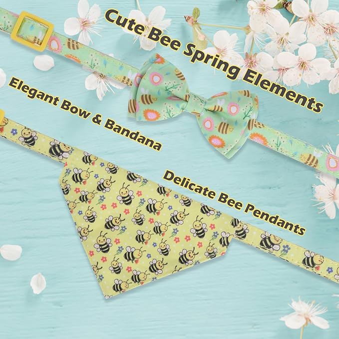 EXPAWLORER Spring Cat Collar Breakaway with Bells - 2 Pack Cute Flower Pet Collar with Removable Bow Tie and Bandana, Adjustable Safety Buckle with Bee Pendants for Girl Boy Cats Kitten