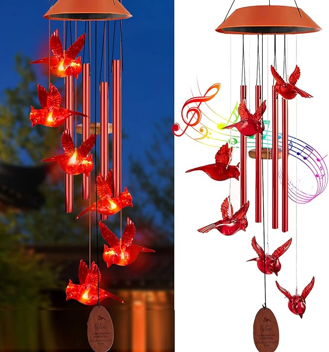 Solar Cardinal Wind Chimes Outdoor Solar Lights Cardinal Red Bird Windchimes Waterproof Hanging Decorations for Garden Patio,Gifts for Women Birthday Thanksgiving Party