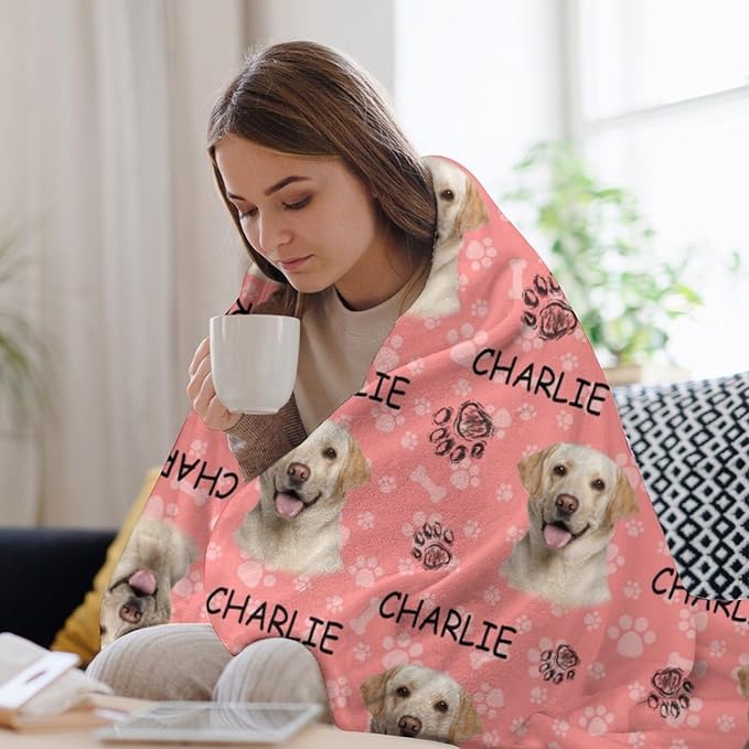 Personalized Paw Print Dog Blanket with Pet Name Face-Custom Puppy Blankets with Picture for Dogs-Customized Dog Memorial Throw Fleece Blanket-Loss of Pets Supplies Sympathy Gift for Bed Sofa Travel
