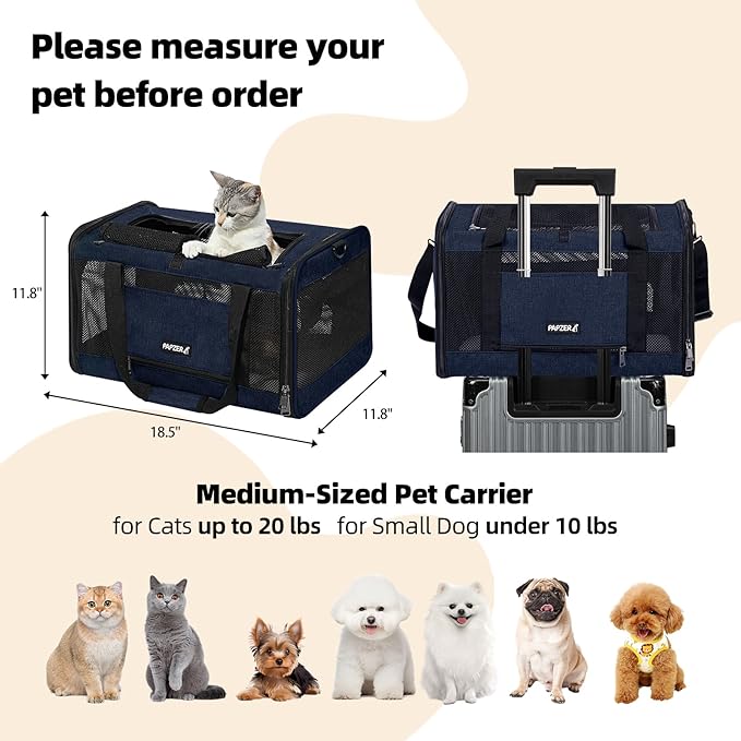 Cat Carrier Soft-Sided Travel Bag for Medium to Large Cats Over 15lbs, Small Dog Carrier Crate Top Entry Breathable Mesh Puppy 12 Pounds, Pet Rabbit Carrying Cage Kennel Collapsible Navy