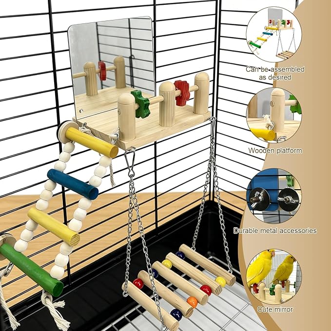 Bird Toys & Wooden Play Gym with Bird Mirror - Parakeet Toys & Cage Accessories for Cockatiels, Lovebirds, Budgies, Finch, Canaries