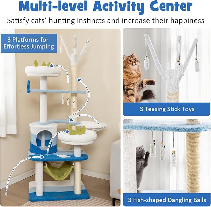 Tangkula Ocean-Themed Cat Tree, Multi-Level Cat Tower with Sisal Scratching Posts, Condo, Perch, Hammock, Jump Platforms, Hanging Interactive Toys, Cute Cat Activity Center for Indoor Cats (65 Inch)