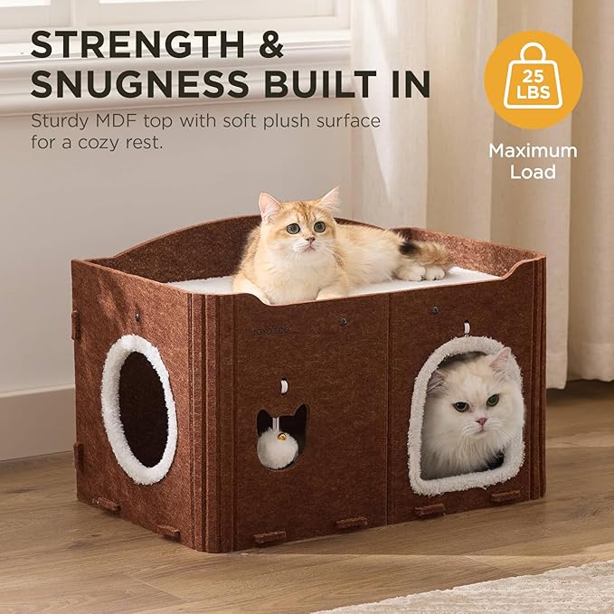 Joydeco Cat House for Indoor Cats, Extra Wide Scratch Resistant Felt Cat Condo, Hideaway Pet Cave Bed with Fluffy Ball and Tunnel for Kitten, Small Dogs, Rabbits, 22.4 x 13.7 x 14.9, Coffee