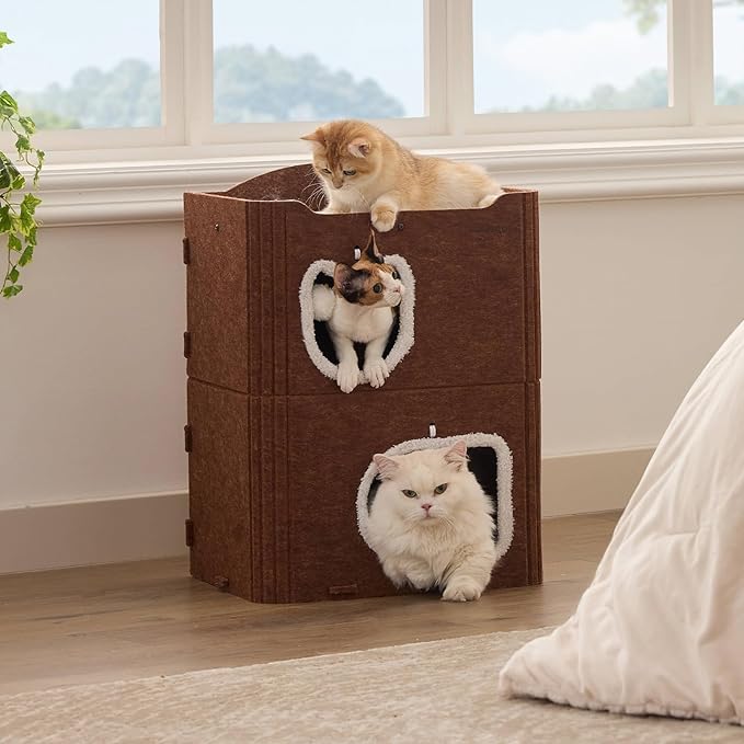 Joydeco Cat House for Indoor Cats, 2 Story Scratch Resistant Felt Cat Condo, Hideaway Pet Cave Bed with Fluffy Ball and Tunnel for Kitten, Small Dogs, Rabbits, 17.7 x 13.3 x 24, Coffee