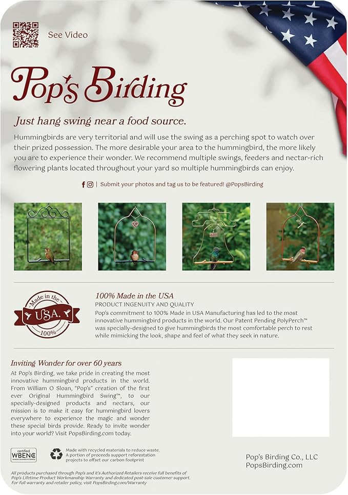 Pop's Birding Hummingbird Swing, USA Made Original Charm Humming Bird Swing for Outdoor, Vintage Copper, 1ct