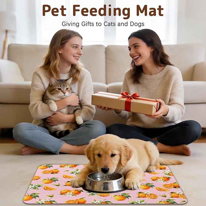 Dog Food Mat for Bowls, Absorbent Quick Dry Dog Cat Mats for Food and Water, Non-Slip Backing Pet Mat Pet Supplies - Orange Pattern