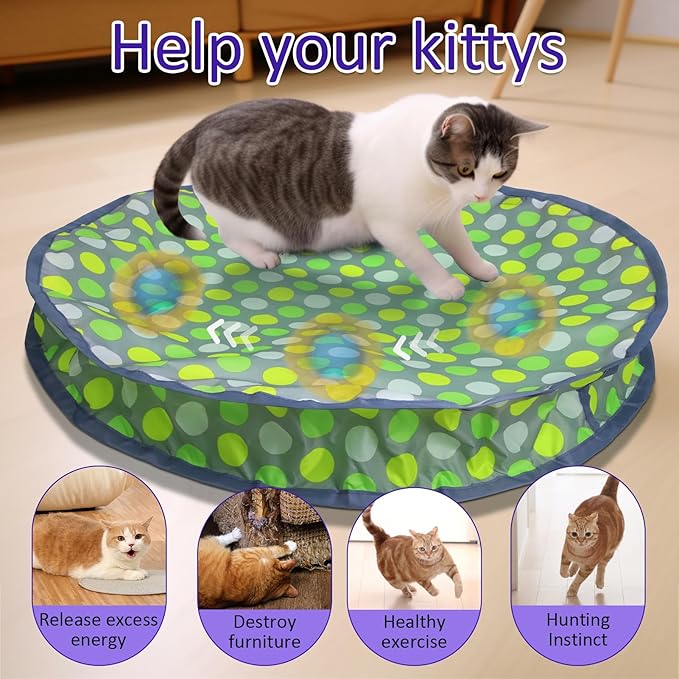 Interactive Cat Toys Ball Fast Rolling in Pouch, Motion Activate Chirping Cat Toy Hide and Seek Mouse Catching Game (Green Polka dot)