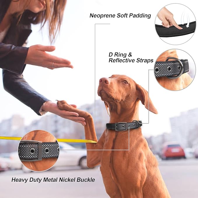 PetiFine Dog Collar for Large Dogs, Neoprene Padded and Adjustable, Reflective Wide Heavy Duty Pet Collars with Durable Metal Belt Buckle for Walking, Black, XL