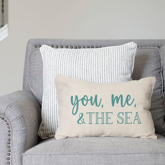 PANDICORN Summer Beach Throw Pillow Covers 12x20 Inch Blue Words You Me and The Sea Ocean Sea Coastal Outdoor Decorations Lumbar Decorative Throw Pillows Cases for Home Living Room Couch Sofa Decor