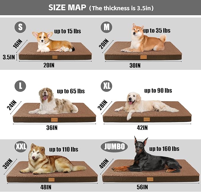 Patas Lague Orthopedic Jumbo Dog Bed for Large Sized Dog 56''X40'', Soft Waterproof Egg Crate Foam Large Pet Crate Beds Mat with Removable Washable Cover and Non-Slip Bottom, Brown