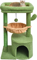 SYANDLVY Cactus Cat Tree for Indoor Cats, Green Activity Cat Tower with Scratching Post for Kittens, Modern Cat Furniture with Basket & Hanging Ball for Play Rest