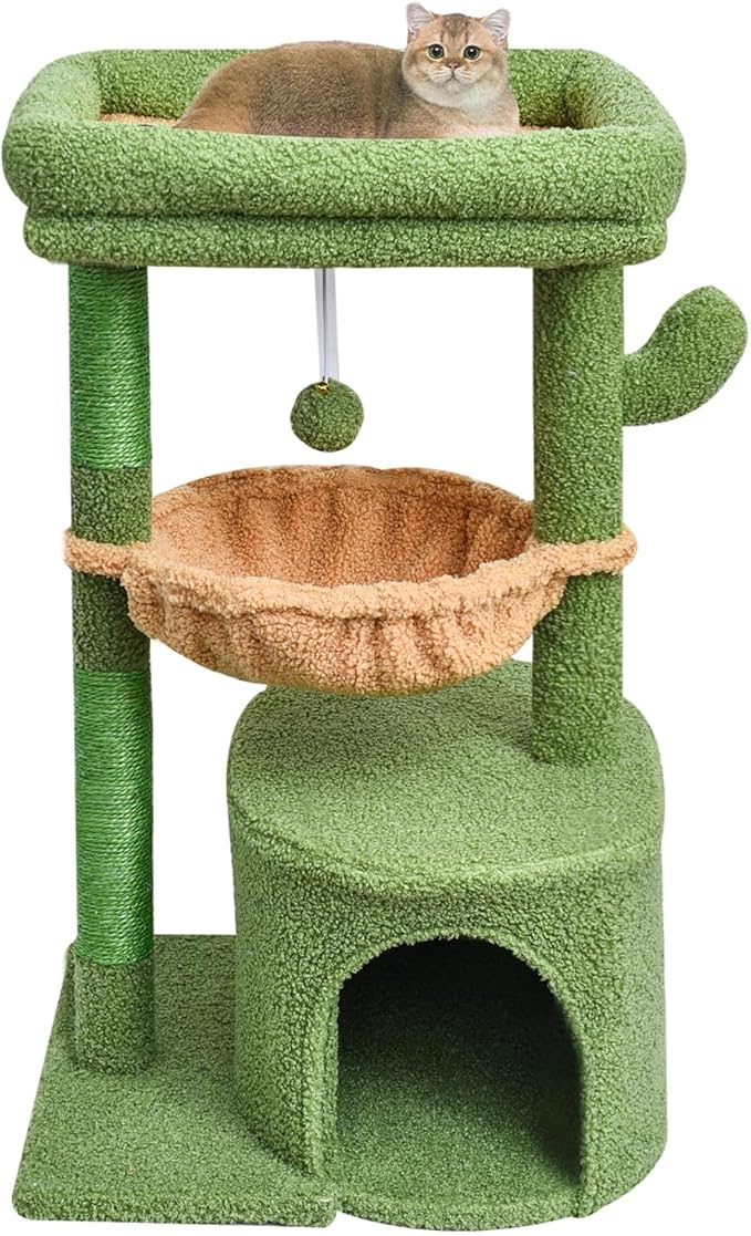 SYANDLVY Cactus Cat Tree for Indoor Cats, Green Activity Cat Tower with Scratching Post for Kittens, Modern Cat Furniture with Basket & Hanging Ball for Play Rest