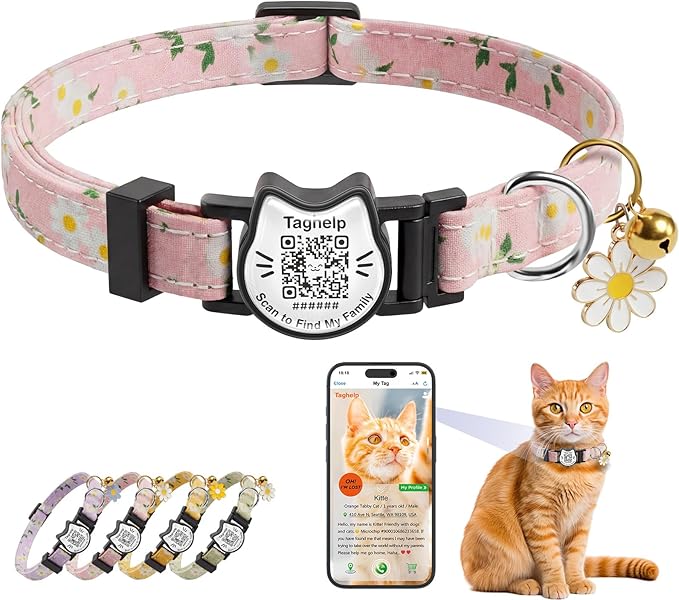 Cute Floral Breakaway Cat Collar with QR Code ID Tag, Soft Cotton Adjustable Kitten Collar with Bell, Personalized Scan ID for Cats, Daisy Pattern,Flower Pendant (Pink)