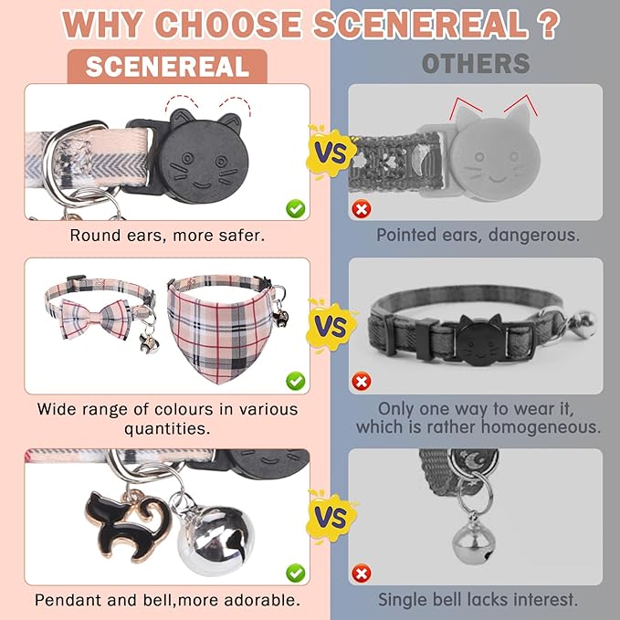 SCENEREAL Plaid Cat Collar with Bow Bandana - 2 Pack Breakaway Kitten Collar with Removable Bowtie Bell, Adjustable Cute Cat Collar for Cats Kittens, Beige
