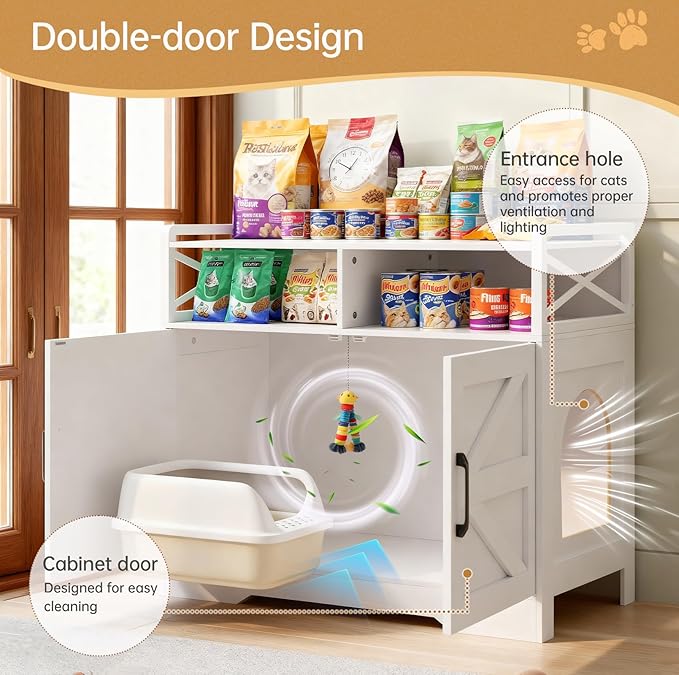 Cat Litter Box Enclosure Furniture - Hidden Litter Box Cabinet with Scratch Pad & Odor Control | Farmhouse Style End Table for Cats | Discreet Cat Washroom for Living Room & Bedroom White