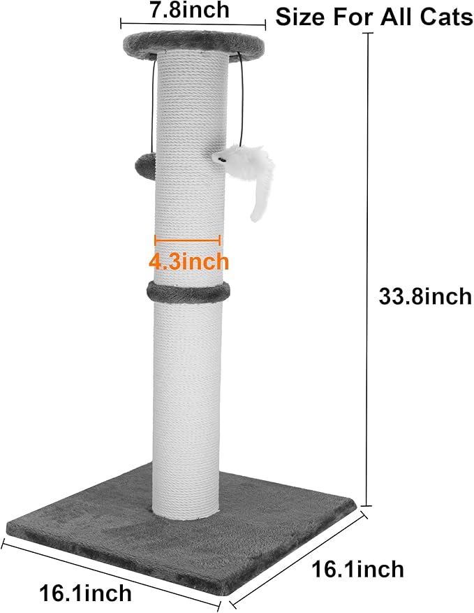 Cat Scratching Post 34 Inches Heavy Duty and Thicker Cat Scratching Post Cotton Rope with Hanging Ball and Mice Scratching Post for Indoor Cats and Adult(Grey)