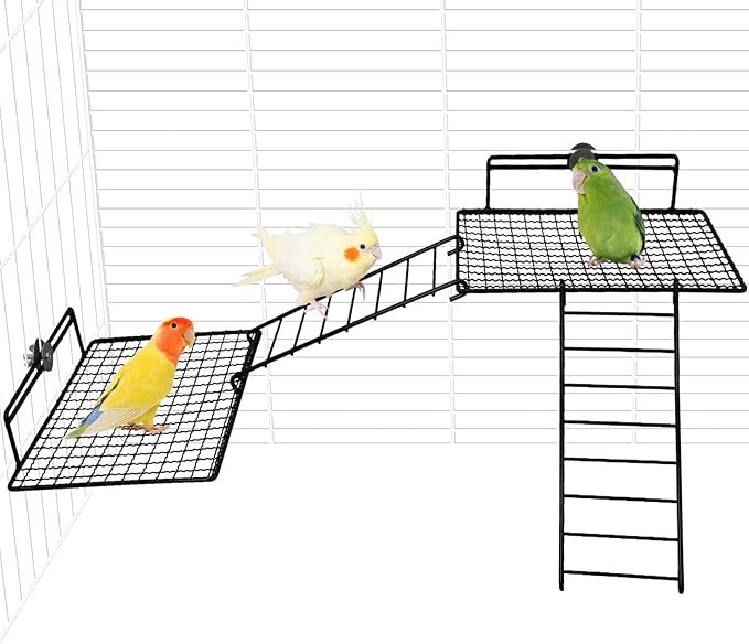 BNOSDM Extra Large Stainless Steel Grid Platform for Parakeet 4 PCS Bird Perches Platform Parrot Stand with Climbing Ladder Bird Cage Accessories for Small to Large Bird (Screw Style-XL)