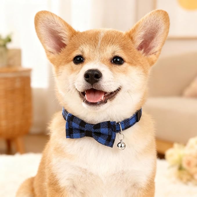 6Pcs Cats Bowtie Collar with Bell, Breakaway Cats Collars, Classic Plaid Kitten Cat Collars Adjustable Cat Bowtie Collar with Pendants for Quick Release for Small Pet