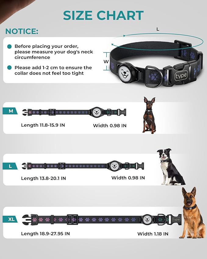 Dog Collar with Airtag Holder, IP67 Waterproof Reflective AirTag Dog Collars for Medium & Large Dogs, Adjustable Pet Collar with Twist-Lock Holder & Green Glow for Night (L, 13.8"-20.1", Black)