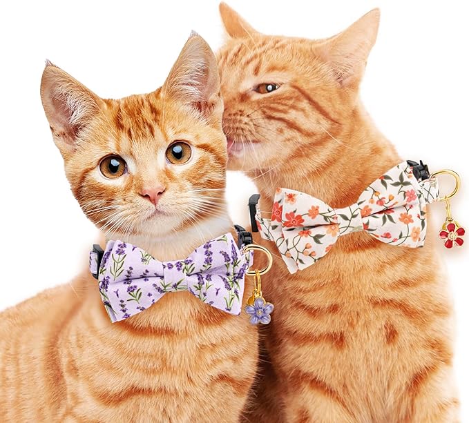 2 Pack Breakaway Cat Collar with Removable Bow Tie and Bell for Boy Girl Cats,Cute Cotton Kitten Collar with Purple Lavender and Red Flower Pattern for Female Male Cats (Lavender&Flower)