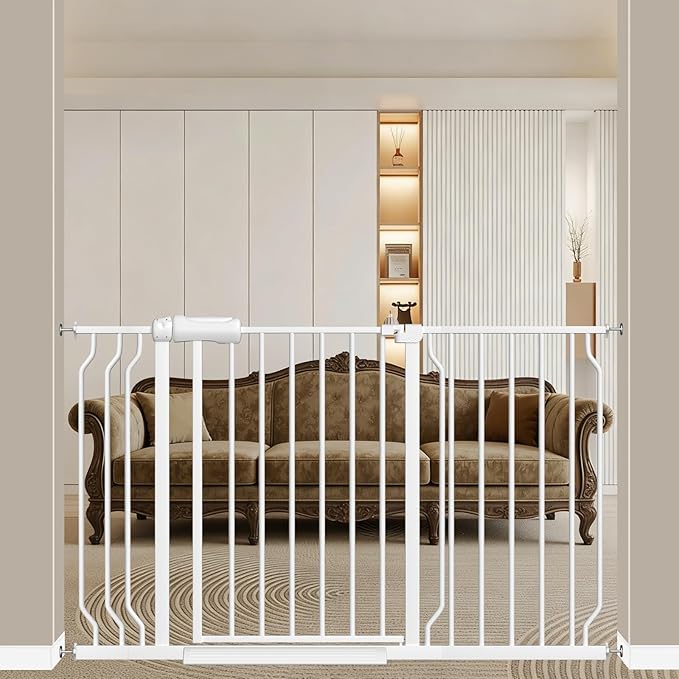 WAOWAO Baby Gate 43.3-52.75" Extra Wide Pressure Mounted Walk Through Swing Auto Close Safety White Metal Toddler Kids Child Dog Pet Puppy for Stairs,Doorways,Kitchen