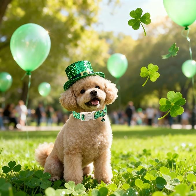 St. Patrick's Day Dog Collar for Small Dogs - Green Shamrock & Yellow Flower Print Dog Collars, Cute Irish Party Puppy Collar, Lightweight Adjustable St. Patricks Day Pet Collars XS