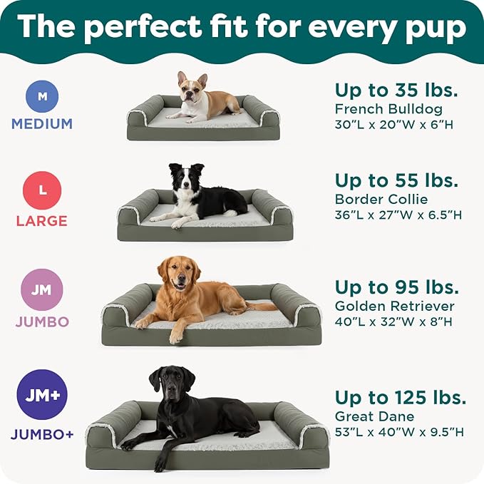 Furhaven Orthopedic Dog Bed for Large/Medium Dogs w/ Removable Bolsters & Washable Cover, For Dogs Up to 55 lbs - Faux Fur & Velvet Sofa - Smoke Gray, Large