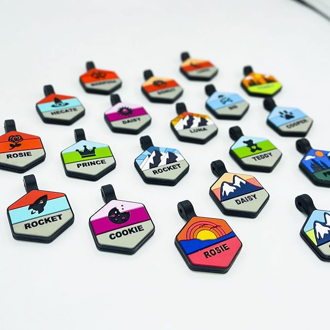 Silent Dog Tag Personalized with 5 Lines of Custom Deep Engraved Durable Soundless Silicone Pet ID Name Tag Hexagon Mountain Blue