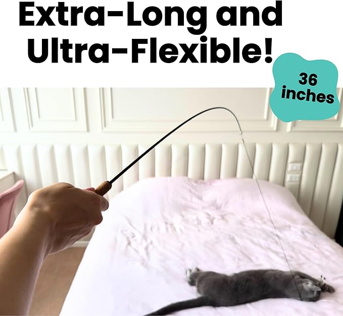 Forever Stick with 9 Feather Toy Lures - The Unbreakable Cat Wand Toy, Extra Long Durable Cat String Toy for Indoor Cats, Bored Indoor Adult Cats, Natural Feather Attachment Toy Lures Refill