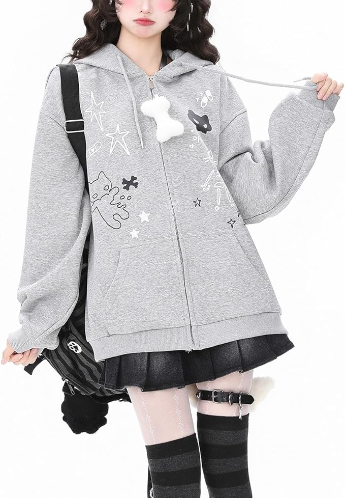 Womens Y2K Zip Up Cute Graphic Hoodies Cat Ears Casual Cartoon Harajuku Kawaii Clothes Oversize Streetwear Jacket