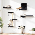 5-in-1 Cat Wall Shelves, Solid Wood & Velvet & Sisal Scratcher, 44lbs Max Load, Wall Mounted Cat Furniture for Climbers, Cat Climbing Wall System, Fits Drywall & Solid Walls - Black
