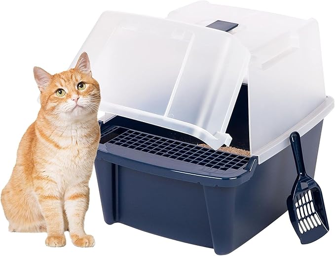 IRIS USA Cat Litter Box, Litter Box Enclosure with Scoop, Split Hood and Front Door Flap, Covered Kitty Litter Box for Privacy, Portable, Easy to Clean, Navy