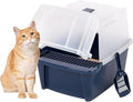 IRIS USA Cat Litter Box, Litter Box Enclosure with Scoop, Split Hood and Front Door Flap, Covered Kitty Litter Box for Privacy, Portable, Easy to Clean, Navy