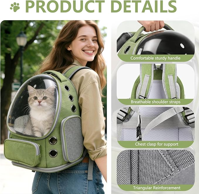Expandable Cat Backpack Carrier, Breathable Cat Bubble Backpack for Kitty & Small Dog up to 18lbs, Large Space Cat Carrier Backpack, Foldable Airline Approved Carrier for Travel (Green)