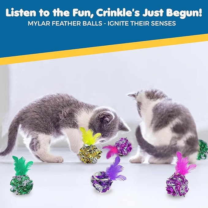SunGrow Mylar Crinkle Balls with Feathers, 2.5-Inches, Shiny Stress Buster Crinkler, Suitable for Multiple Cats' Engagement, Ideal for Kittens and Grown-ups, 20-Pcs
