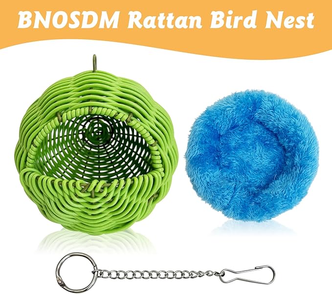 BNOSDM Rattan Parrot Nesting House Bird Nest Parakeet Hanging Swing Soft Lovebird Warm Bed Sleeping for Parrots Bird Cage Accessories for Cockatiels Budgerigars Finches Canaries (Green)