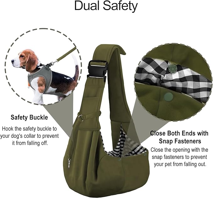 PETLOFT Reversible Dog Cat Sling Carrier, Small Dog Carrier, Adjustable Dog Sling, Hands Free Cross Body Carrier with Collar Hook for Dog/Cat/Bunny up to 11lb (Army Green)