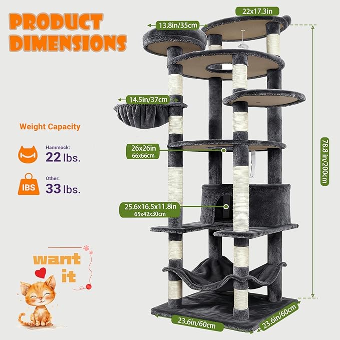78.8" Large Cat Tree Tower for Indoor Kitties, Multi-Level Furniture Activity Center for Tall Cat Condo with Cozy Perches,Sisal Scratching Posts,Hammock and Basket (78.8 inch Dark Gray)
