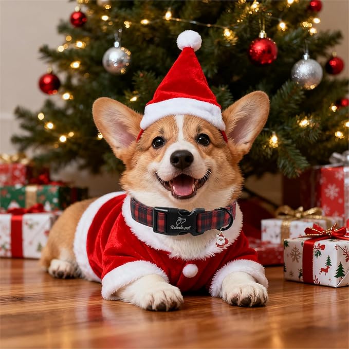 Christmas Dog Collar for Large Dogs - Vintage Red Green Tartan Christmas Collars for Dogs, Soft Adjustable Winter Holiday Dog Collars with Quick Release Buckle L