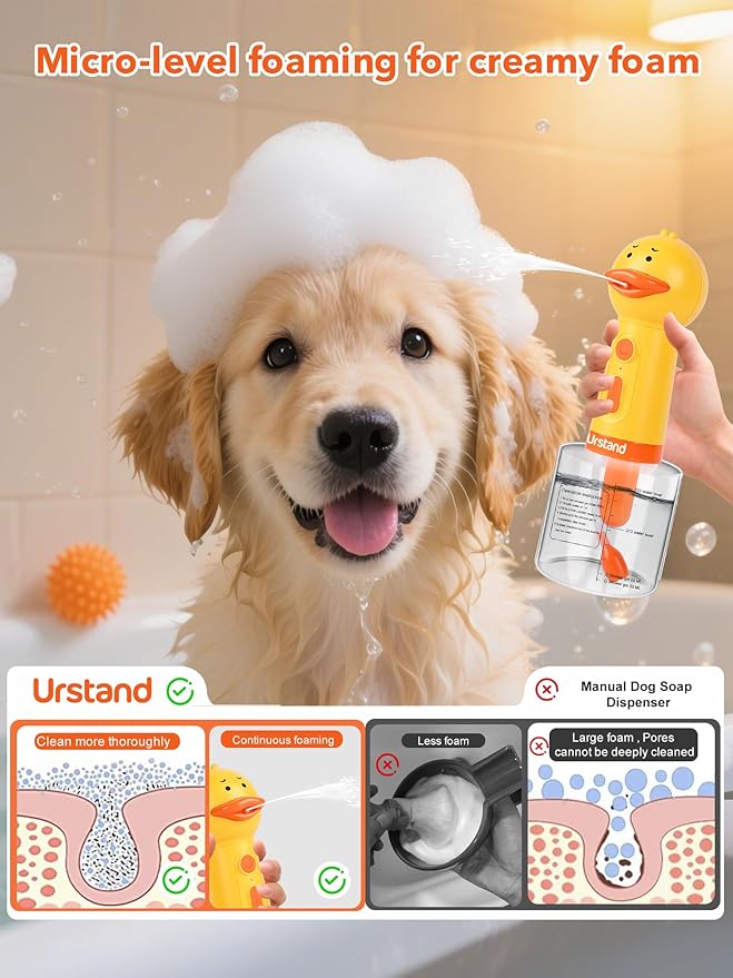 Dog Foaming Soap Dispenser, Automatic Electric Dog Shampoo Foamer Sprayer, Rechargeable Ducky Foaming Dog Shampoo Sprayer for Dog and Cat Bathing, Bathroom, Kitchen, Pet Cleaning
