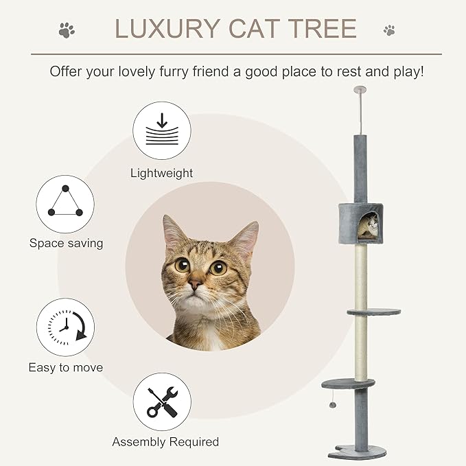 PawHut 85.5" Cat Tree Height Adjustable Floor-to-Ceiling 4-Tier Kitty Climbing Activity Center Condo Cat Toy with Scratching Post Hanging Balls Play Rest Post Pet Furniture Grey