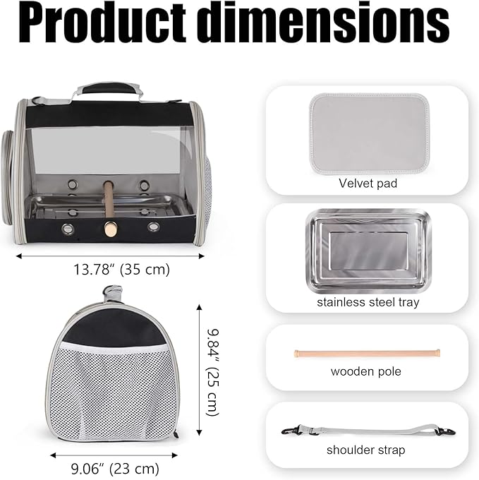 Bird Carrier, Portable Small Bird Cockatiel Conure Parrot Parakeet Carrier with Standing Perch and Stainless Steel Tray, Side Access Window Collapsible (Black, Cylinder Design - Clear)