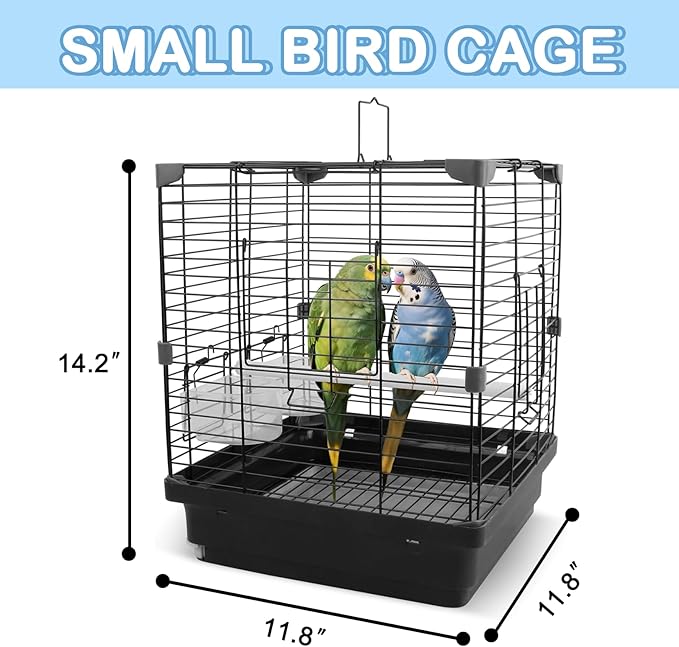 Small Bird Cage for Parakeets, Budgies & Canaries and More Small Birds - Lightweight Travel Birdcage & Bird Carrier with Handle, Stand, Removable Tray, Portable for Hanging, Outdoor Use, Black