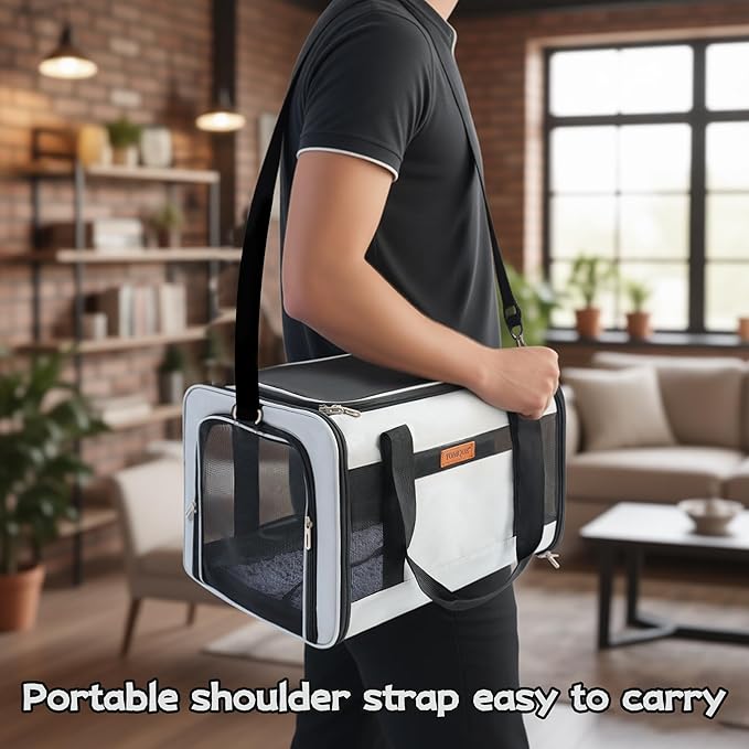 YUNIQUE Soft-Sided Cat & Dog Carrier for Pets Up to 15 Lbs, Airline Approved Collapsible Travel Puppy Carrier with Lightweight Fabric Design (lightgrey)