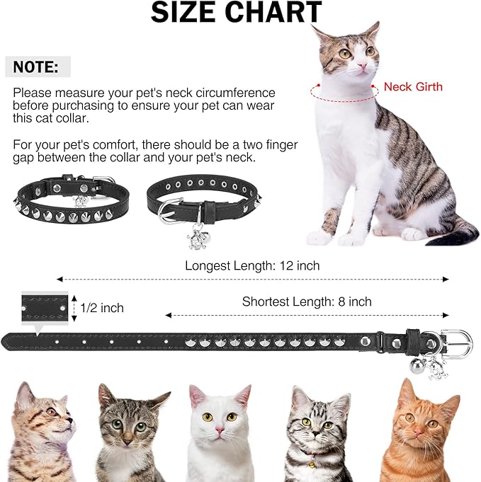 Leather Cat Collars for Boy Girl Cats with Bell and Safety Elastic Belt, Personalized Rivets Stud Adjustable Safe Buckle Collar with Skull Charm for Kitty Small Pets, Black