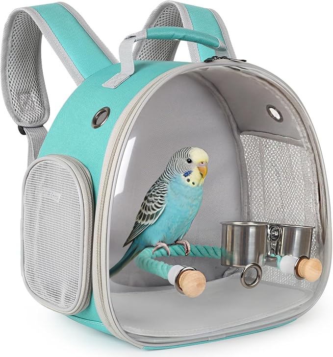 Small Bird Travel Backpack Carrier Cage, Backpack to Transport Backpack Carrier with Clamp Cups Stand Perch for Parakeet Cockatiel Budgies Vet Carry Book Bag Green