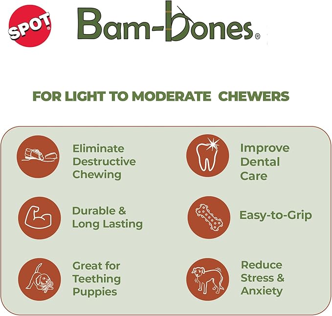 SPOT Bam-Bones Fish - Made with Strong Bamboo Fiber, Durable Long Lasting Dog Bone for Light to Moderate Chewers, Great Chew Toy for Adult Dogs & Teething Puppies Under 30lbs, 5.5in, Salmon Flavor