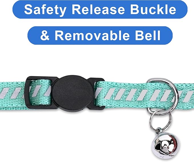 Pawtitas Personalized Teal Reflective Cat Collar – Adjustable Custom Collar with Safety Buckle, Removable Bell, and Engraved Name & Phone Number for Kittens and Adult Cats