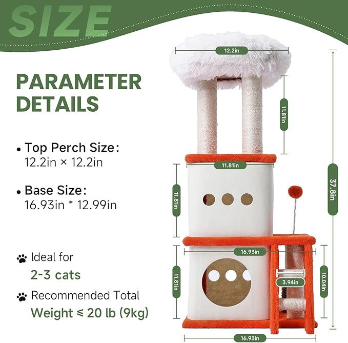 37.4-inch Cat Tree, Cat Tree Tower with Twin Cat Condos for Indoor Cats, Plush Cat House with Padded Perch, Scratching Ladder and Posts and Plush Balls for Kitty Play, Orange